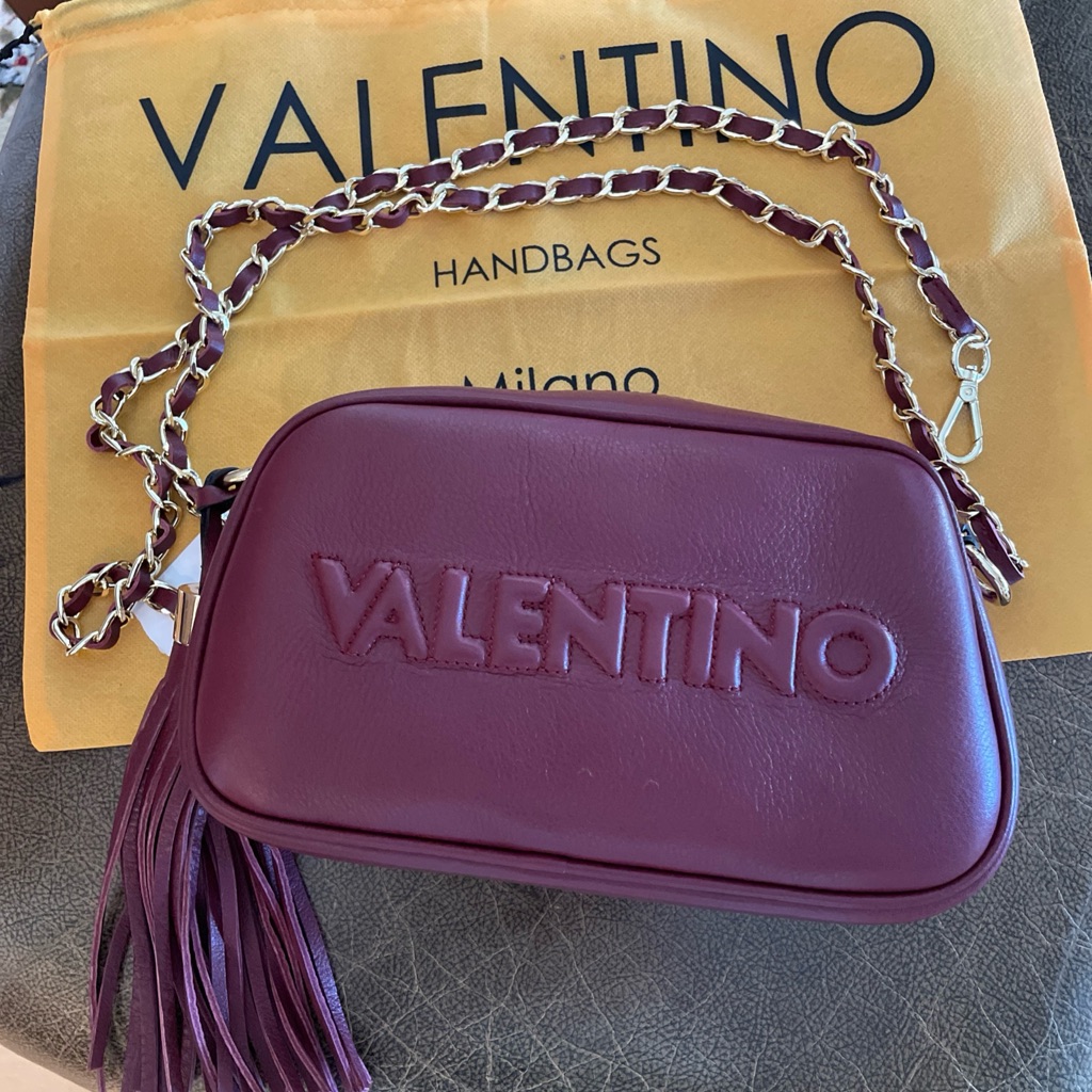 Valentino Brown Crossbody Bag With Chain Strap And Embossed Logo Marrone Color